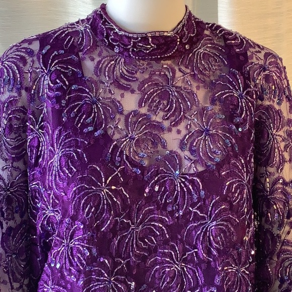 Brilliante By J.A. Purple Sequin Beaded Short Sleeve High Neck Tunic Top Sz L - Picture 2 of 12